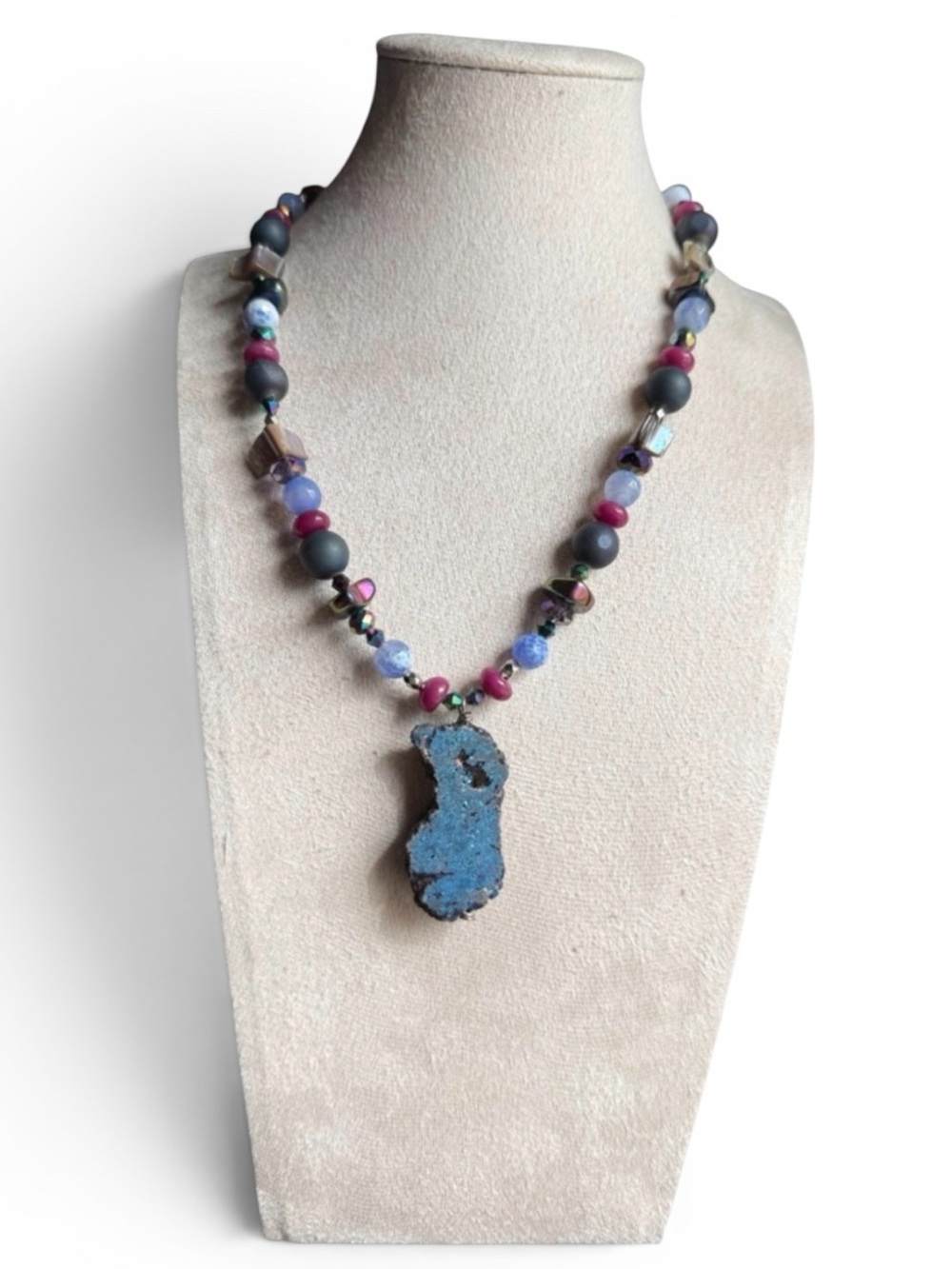 Blue Druzy Pendant Necklace with Mixed Beads - Women Jewelry